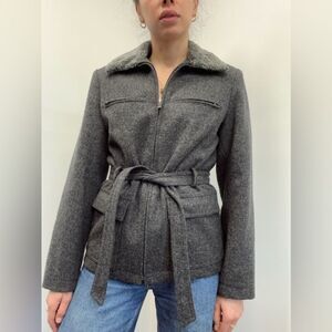Vintage 90’s Express Gray Wool Faux Fur Collar Belted Tweed Coat Jacket Size S